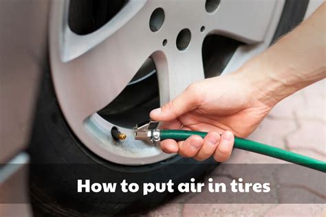 Putting air in tires with air compressor: gauge the pressure; remove the stem caps; hook up and connect the compressor; measure and adjust the pressure; replace the caps. To fill the air in tires at home, just turn on the regulator on the air compressor. Wait for 10-20 seconds, at least, to let the air in.
